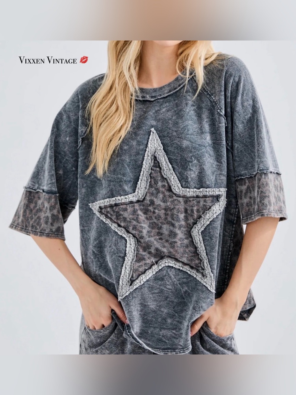 J.HER RELAXED LACE TRIM 'WILD STAR LEOPARD PATCH TEE' IN ASH BLACK